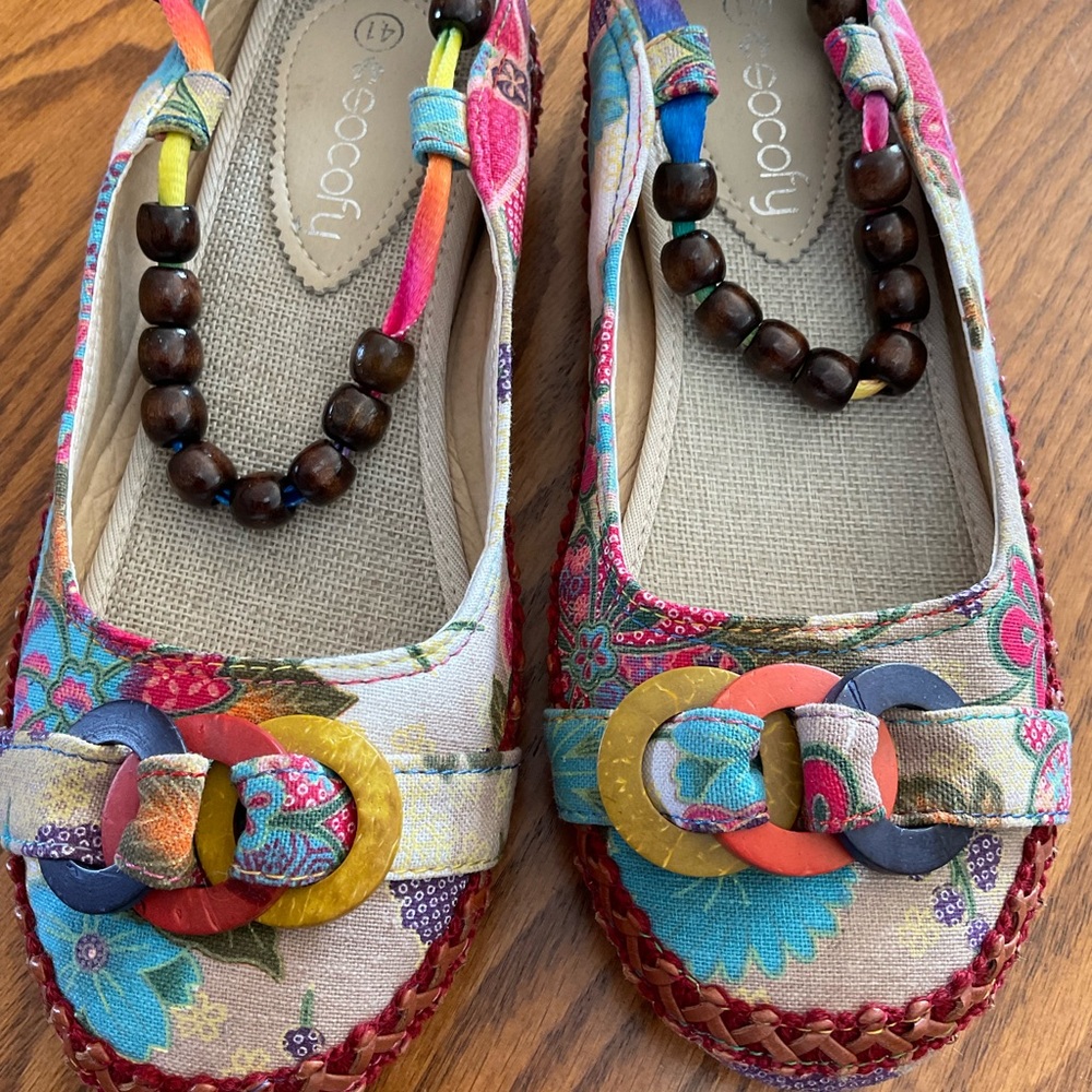 NWOT Boho Chic Cute Slipper Shoes With Beads, Ribbons & Floral Patterns, Sz 41 - Picture 3 of 10